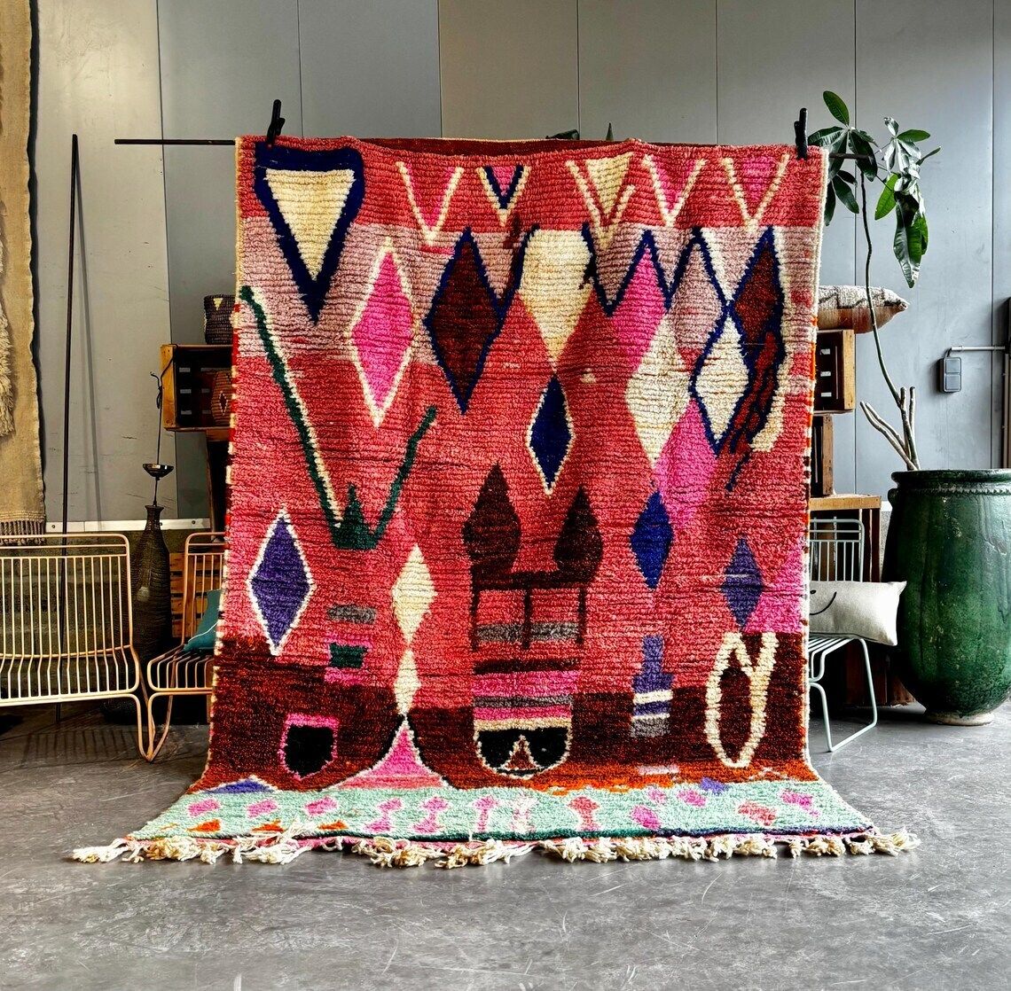 Modern Moroccan Berber Rug 200x300 Cm Handmade Wool Geometric Area Rug Pink Boujad Style