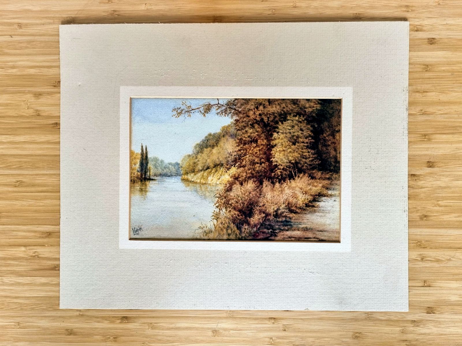 Original Watercolour Landscape Artwork, L Cowper Signed, English River Scene On Paper, Mounted Fine Art C1930s photo for sale