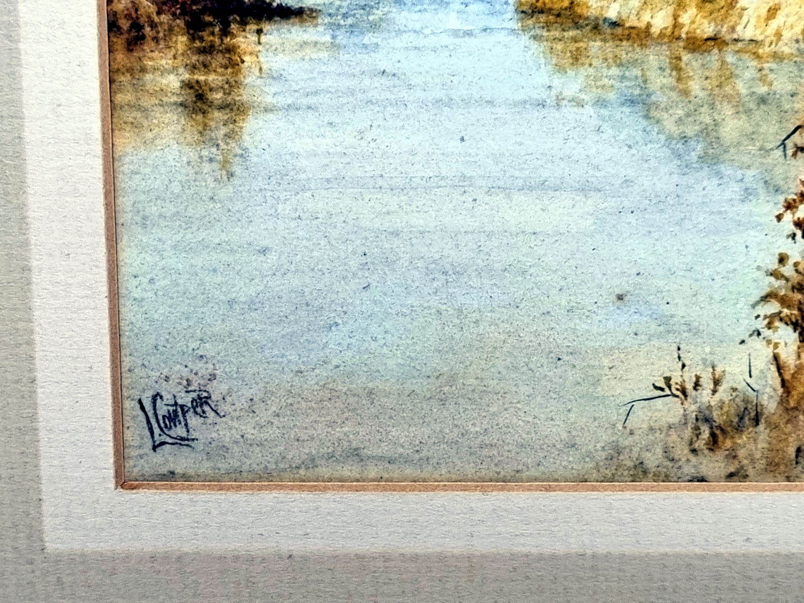 Original Watercolour Landscape Artwork, L Cowper Signed, English River Scene On Paper, Mounted Fine Art C1930s photo vinterior