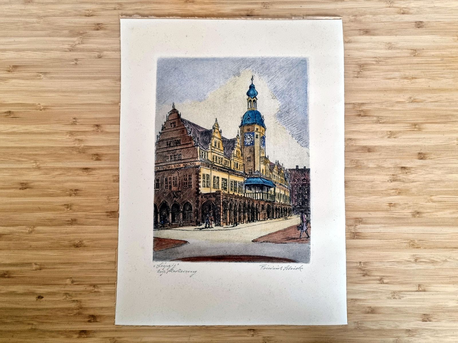 Original Etching City View, Friedrich Schick Old Town Hall Leipzig, Hand Coloured Print, German Architecture Art, 1950s photo 55.0