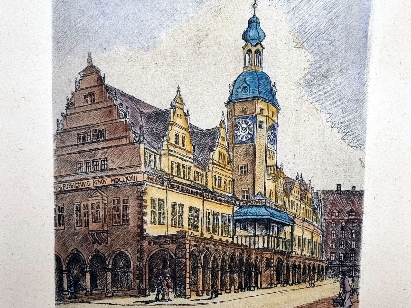 Original Etching City View, Friedrich Schick Old Town Hall Leipzig, Hand Coloured Print, German Architecture Art, 1950s photo vinterior