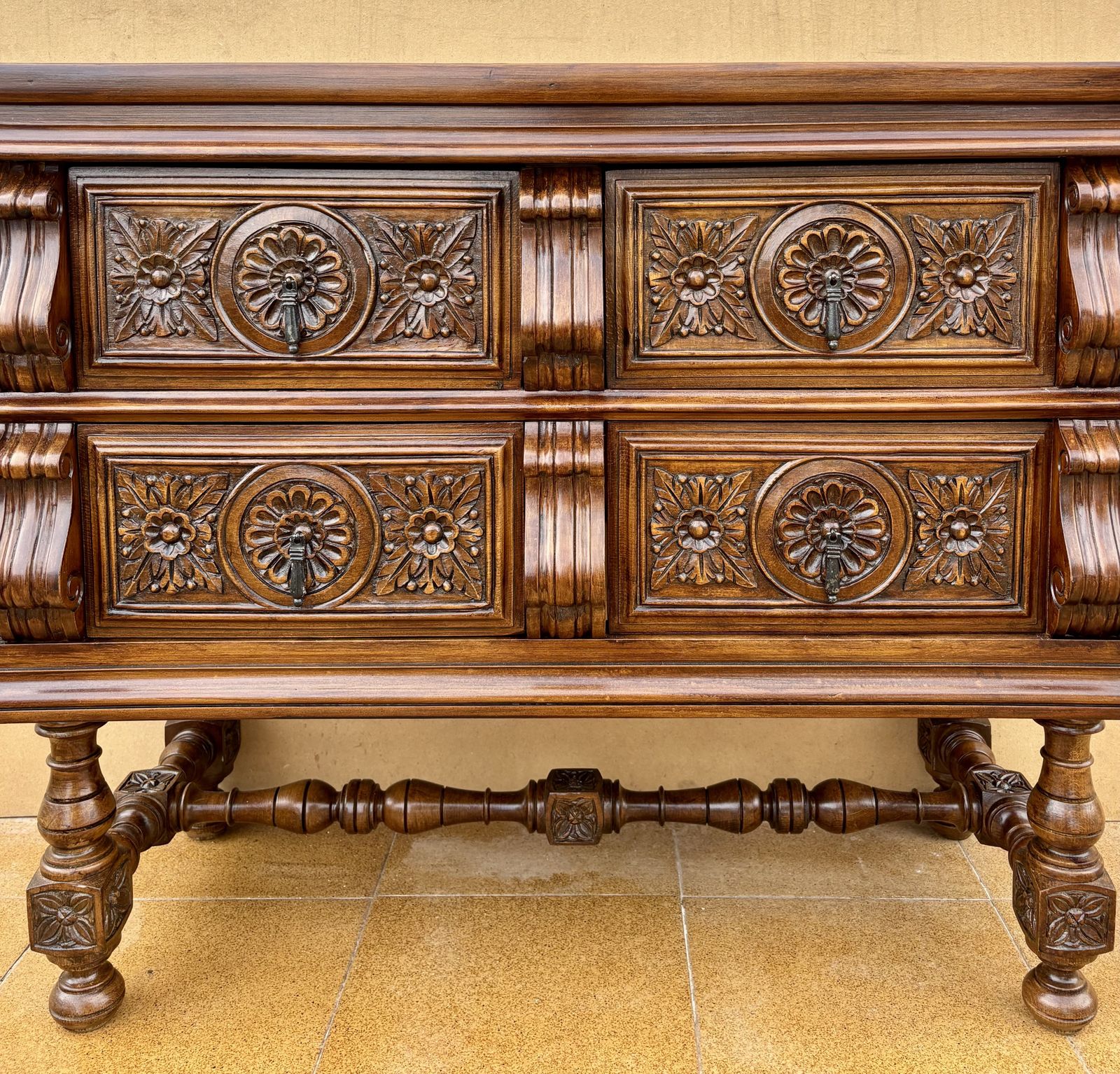 Spanish Baroque Revival Walnut Chest Of Drawers, Late 19th Century photo vintage