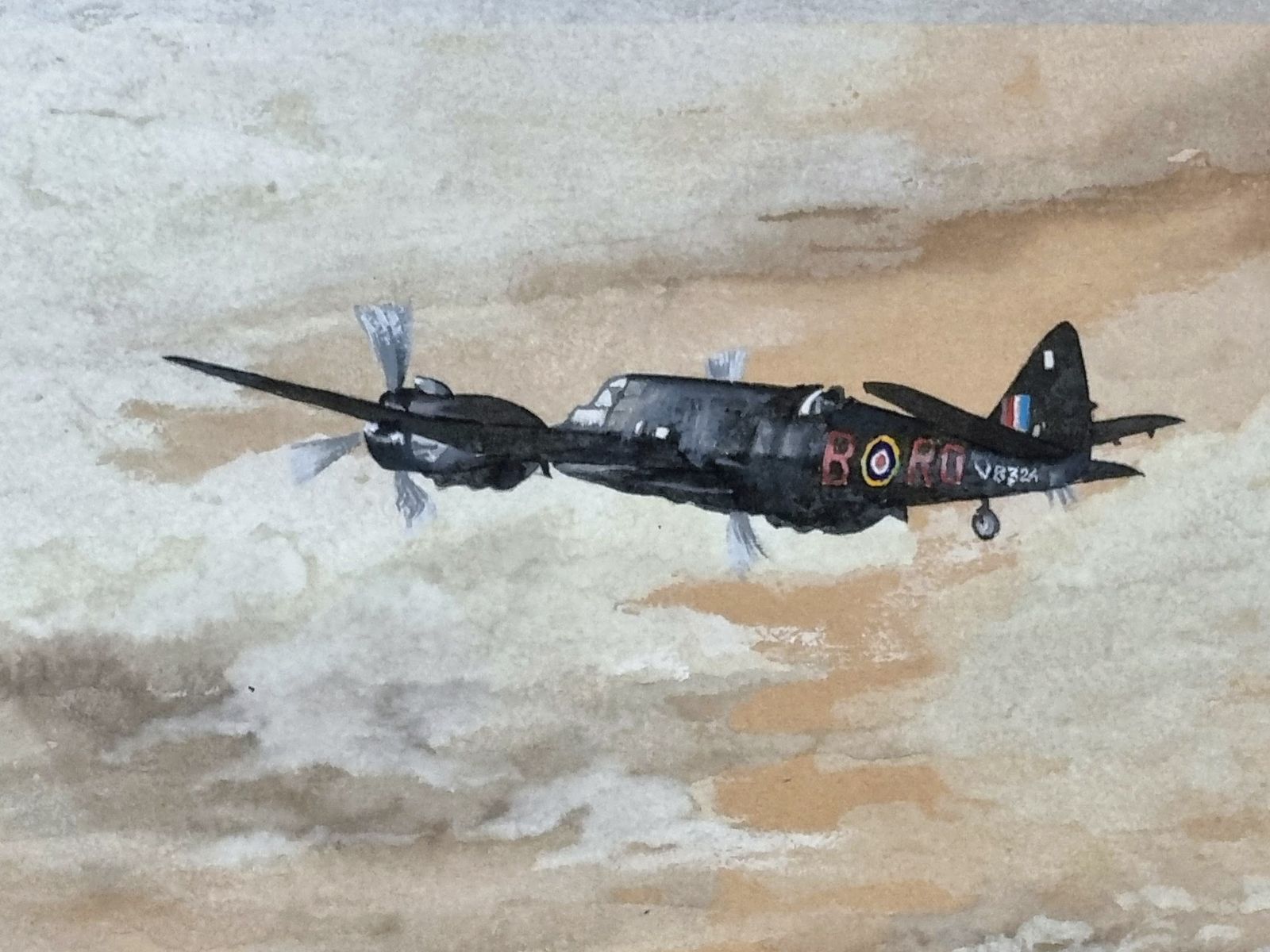 Original Ww2 Aviation Watercolour Painting, Night Patrol Raf Aircraft, Bristol Beaufighter Bambi V8324 29 Squadron, K H Regan Simpkin photo Art