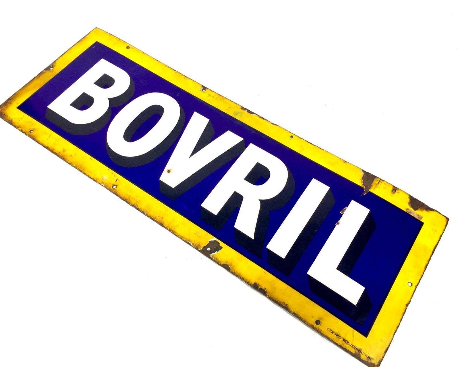 Antique Advertising Early 20th Century Bovril Enamel Sign Blue & Yellow C.1930 photo for sale