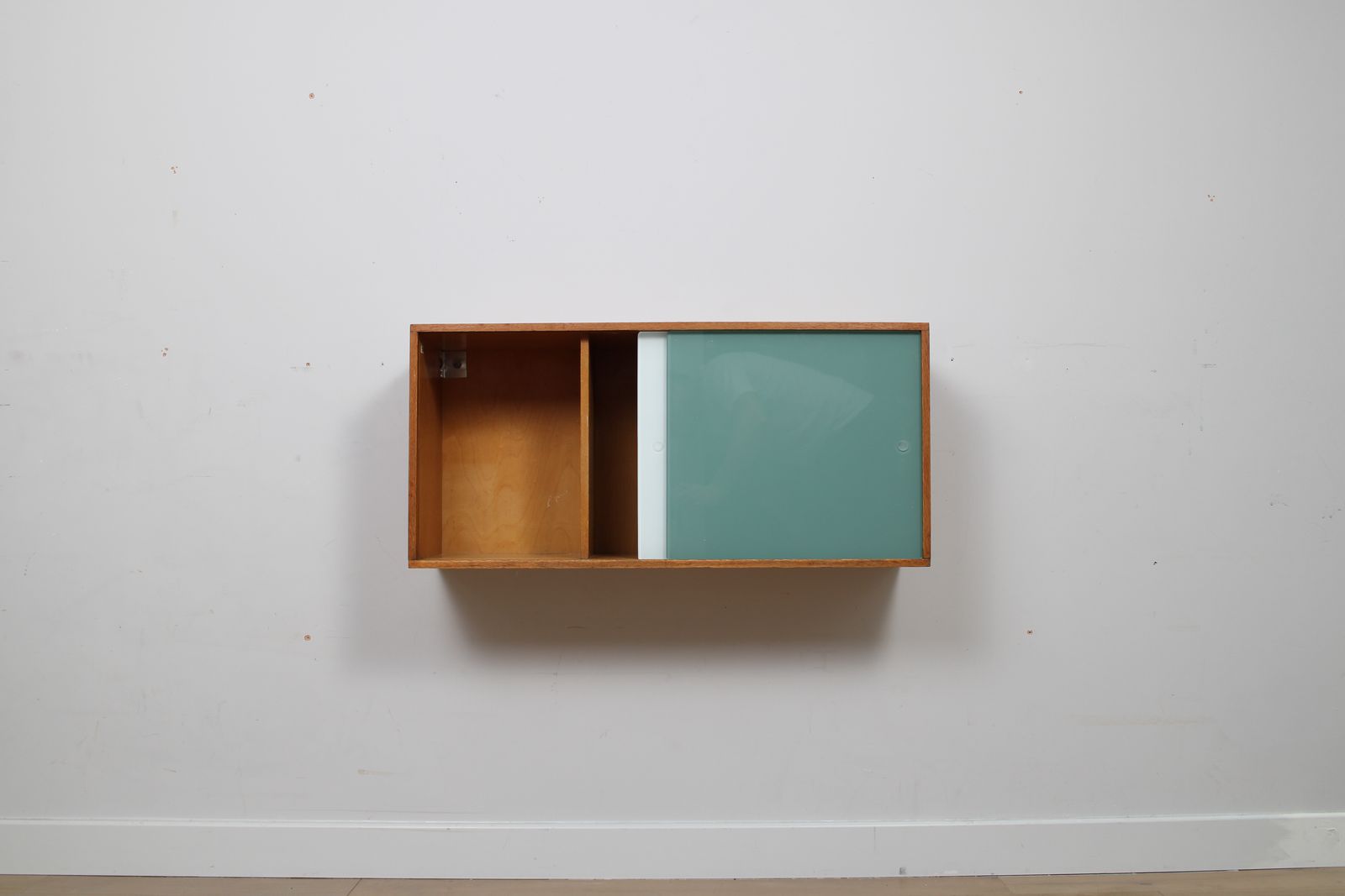 A Vintage Mid Century Wall Hung Bookcase/Cabinet With Glass Sliding Doors photo Furniture