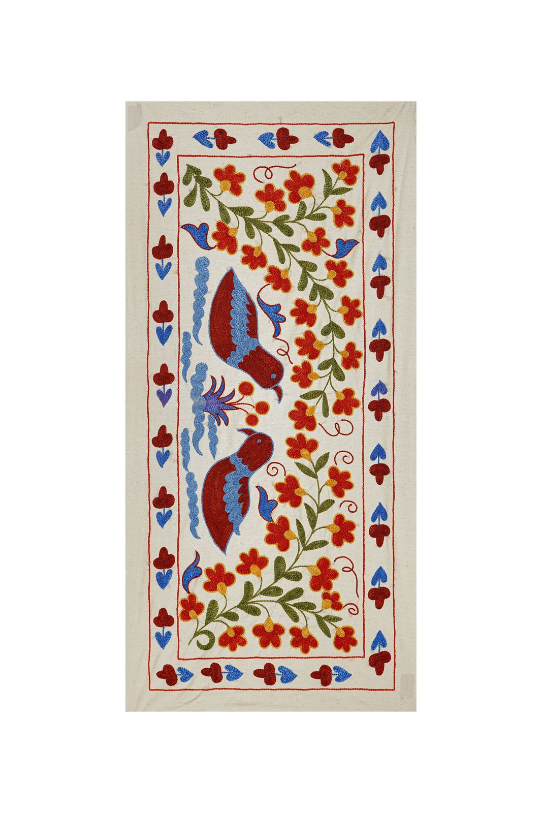 Unique Figural Suzani Throw | Bird Or Duck Motif Square Boho Wall Decor 1'6'' X 3'2'' photo for sale