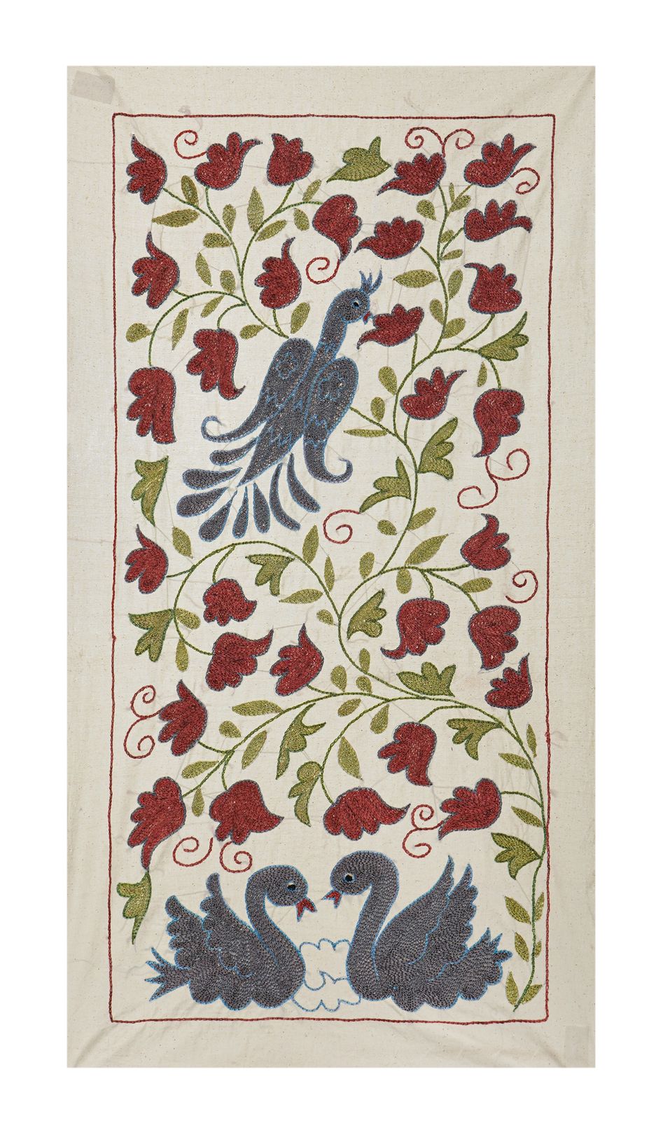 Blue & Red Swan Embroidery | Vintage Bird Motif Table Decor 1'7'' X 2'9''