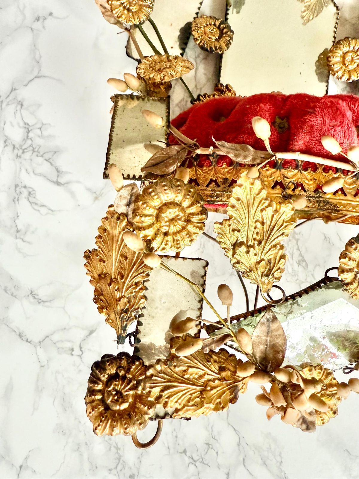 Antique Large 1800 French Wedding Globe Ornament Gilded Toleware Bird Foliage Hand Painted Mirror Romantic Victorian Boudoir Red Velvet photo 400.0