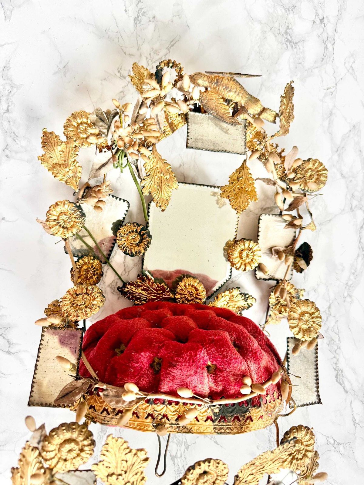 Antique Large 1800 French Wedding Globe Ornament Gilded Toleware Bird Foliage Hand Painted Mirror Romantic Victorian Boudoir Red Velvet photo buy