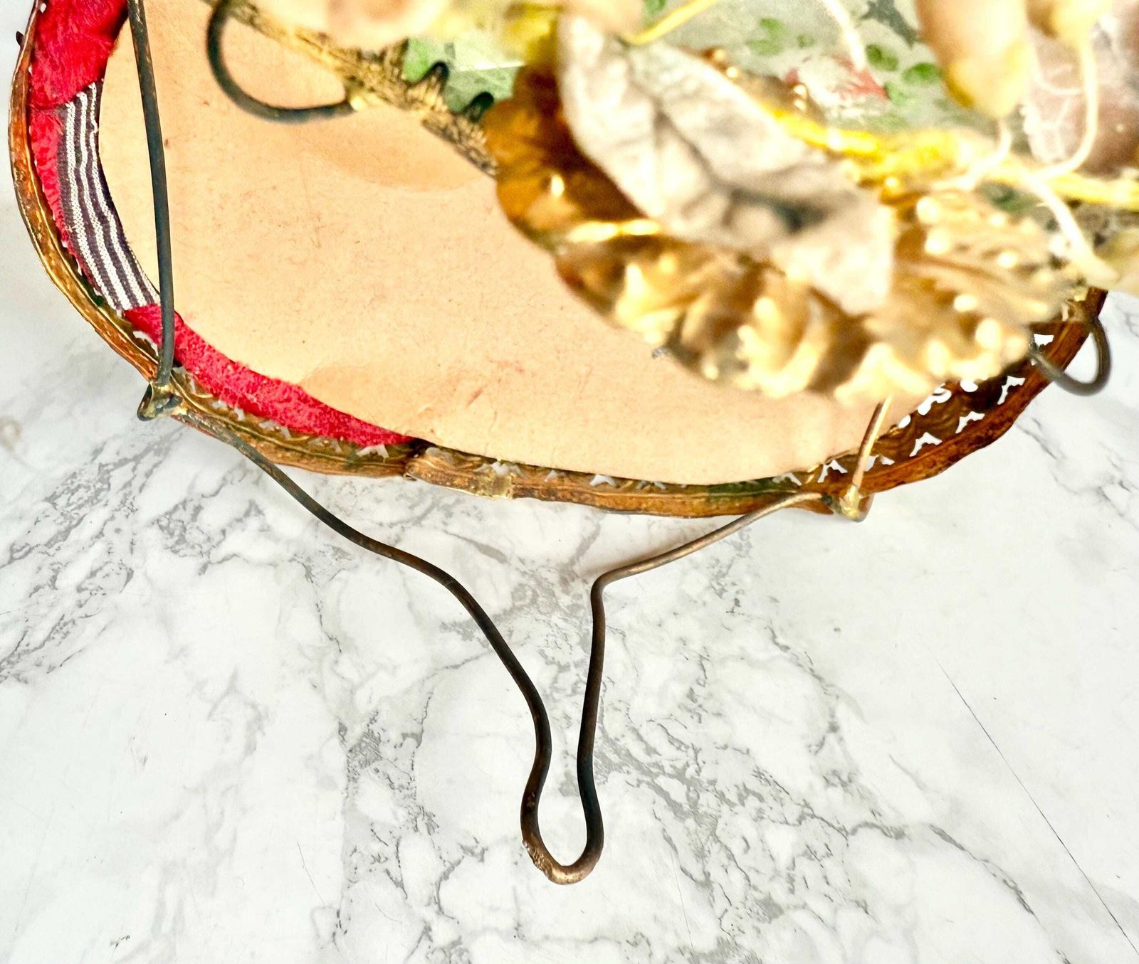 photo furniture Antique Large 1800 French Wedding Globe Ornament Gilded Toleware Bird Foliage Hand Painted Mirror Romantic Victorian Boudoir Red Velvet