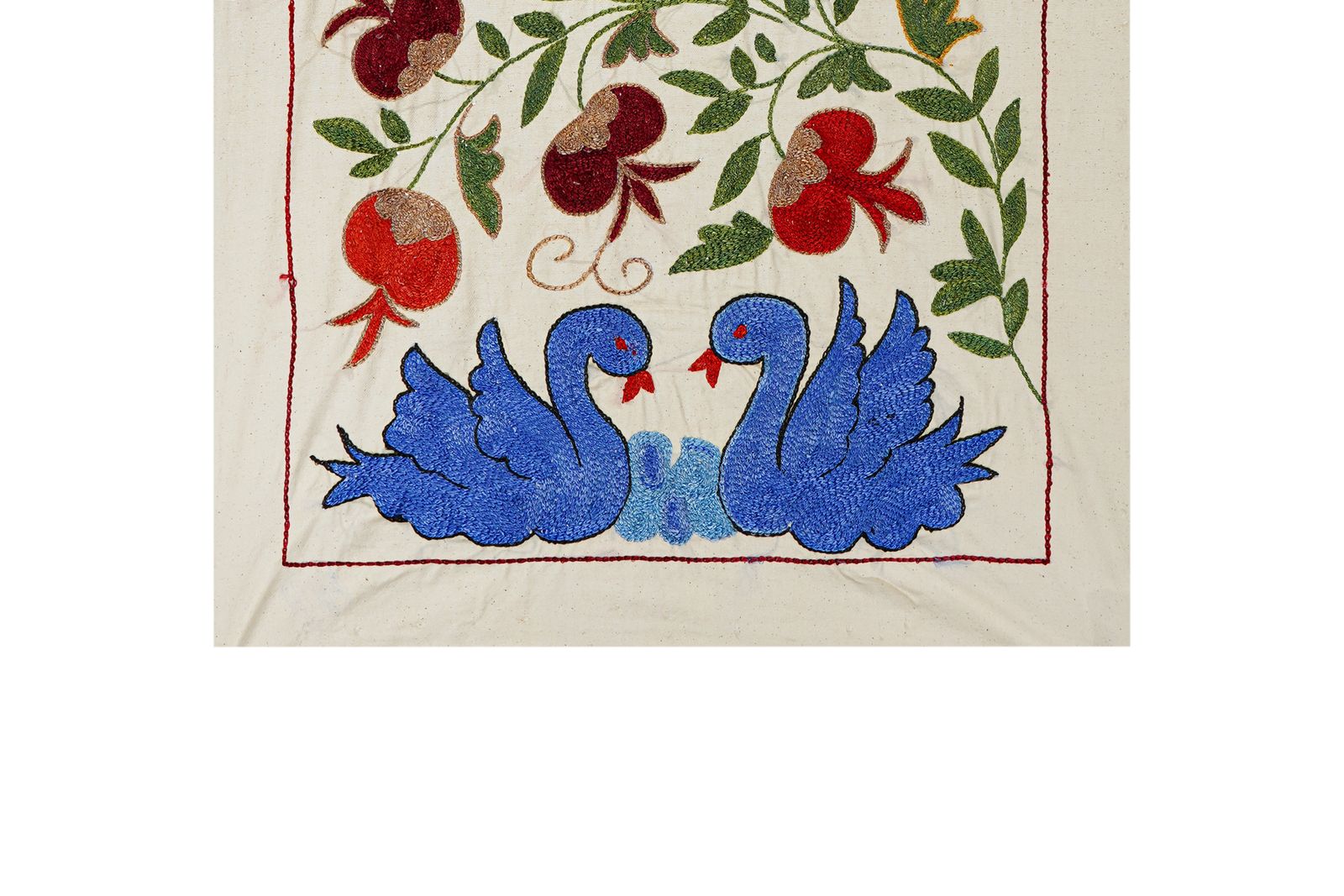 19th Century Suzani Tablecloth   Uzbek Cotton Wall Hanging   Duck Swan Embroidery Runner 1'6'' X 3'1'' photo for sale