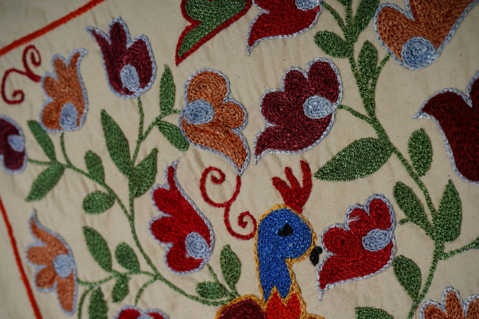 Suzani Embroidered Wall Hanging With Bird & Duck – Textile Art 1'6'' X 2'9'' photo Textiles