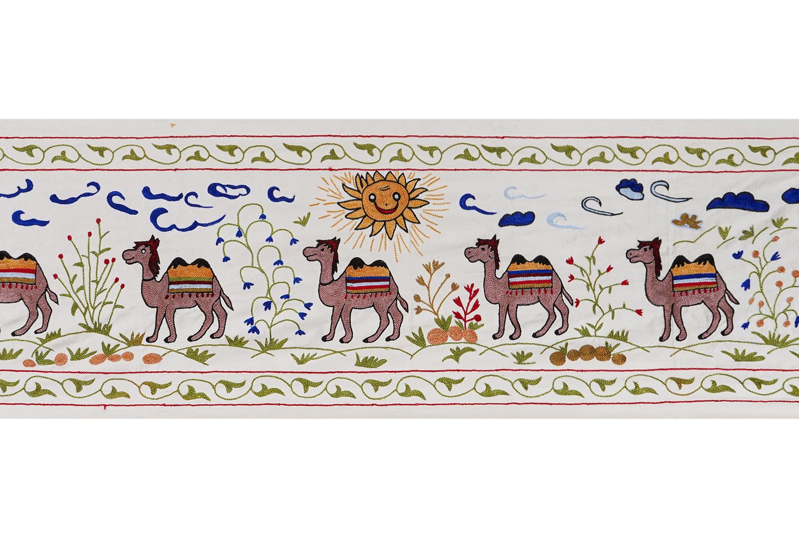 Uzbek Suzani Animal Silk Cotton Tablecloth, Camel Bukhara Wall Hanging Decor 1'8'' X 6'2'' photo Textiles