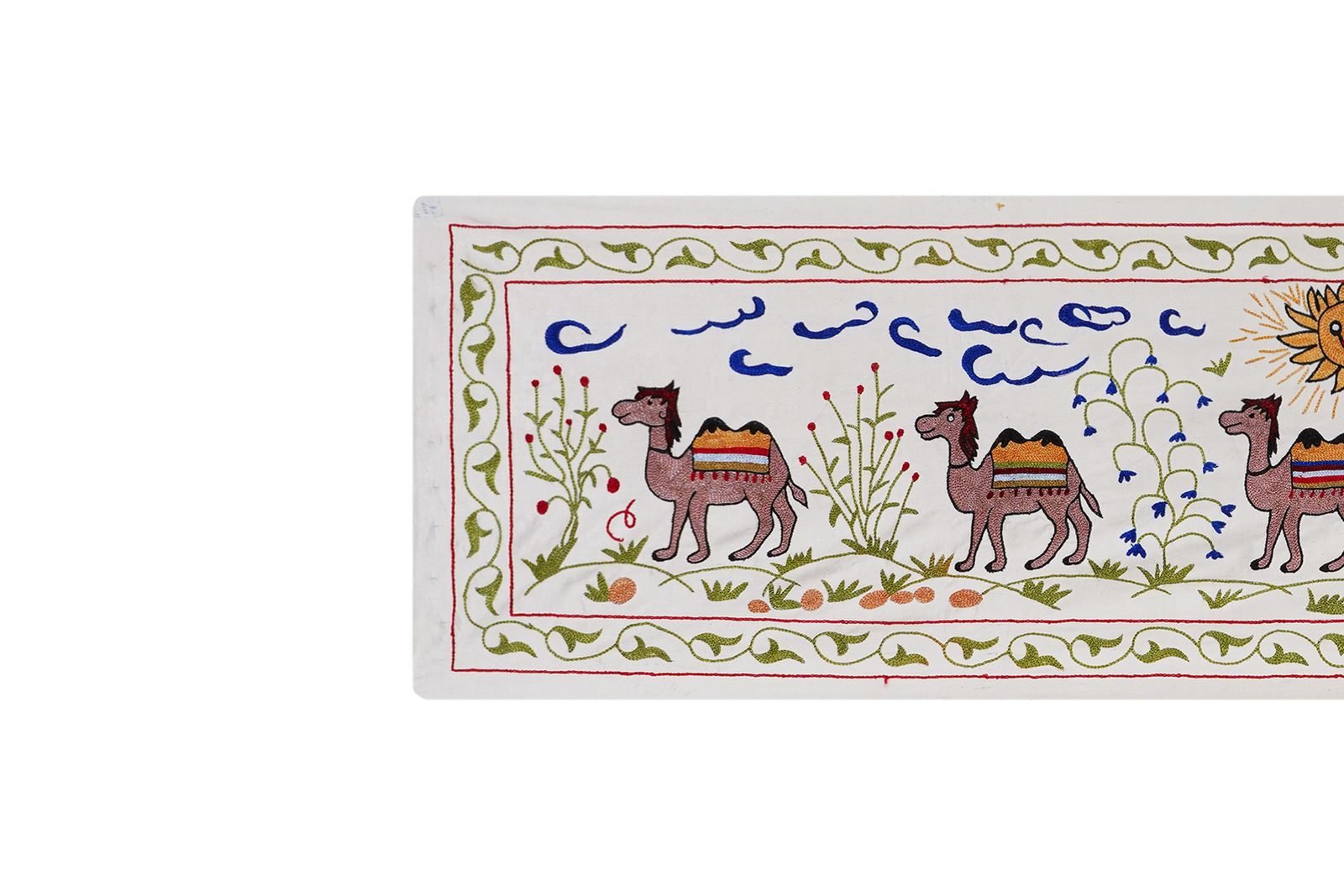 photo furniture Uzbek Suzani Animal Silk Cotton Tablecloth, Camel Bukhara Wall Hanging Decor 1'8'' X 6'2''
