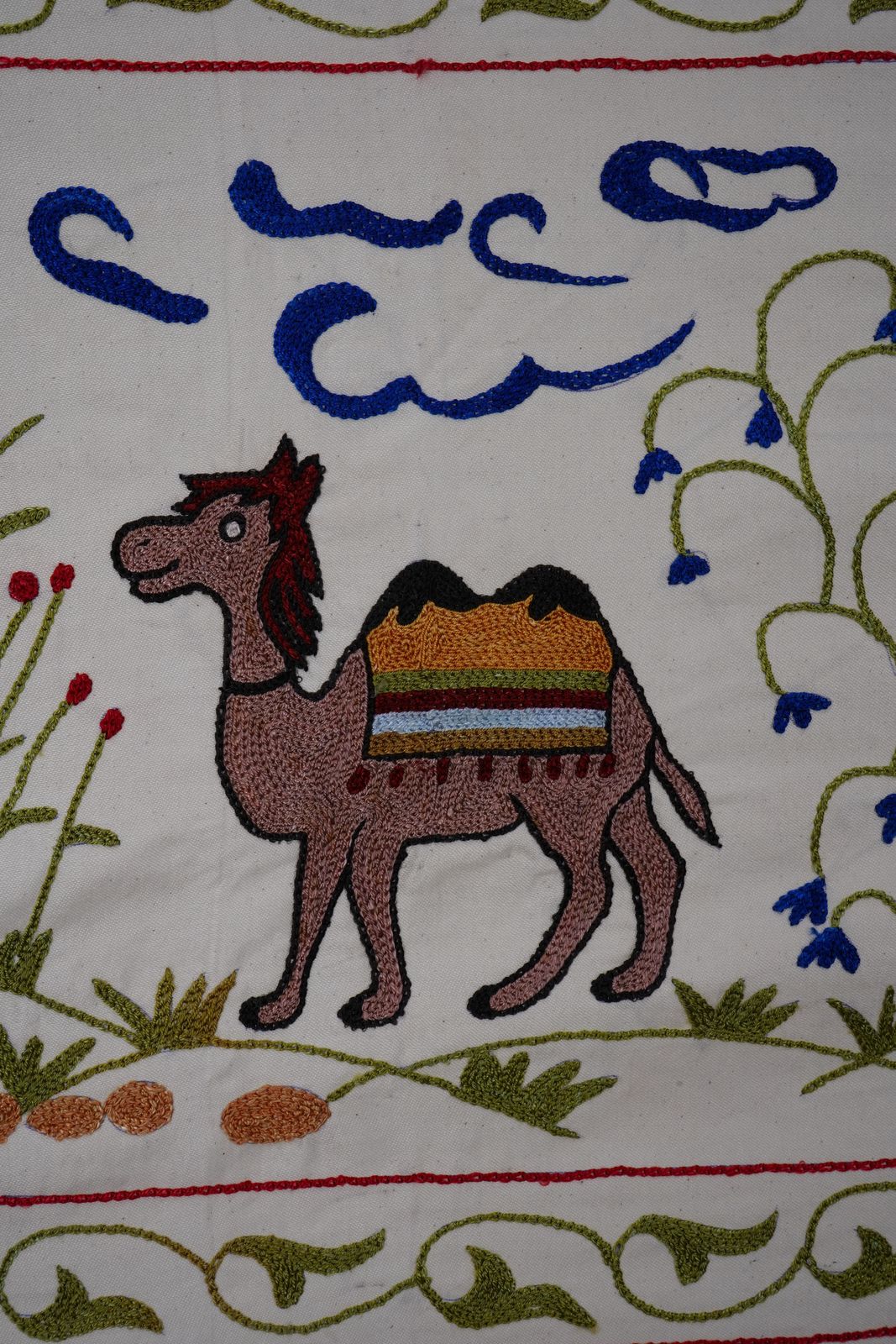 200.0 Uzbek Suzani Animal Silk Cotton Tablecloth, Camel Bukhara Wall Hanging Decor 1'8'' X 6'2'' photo
