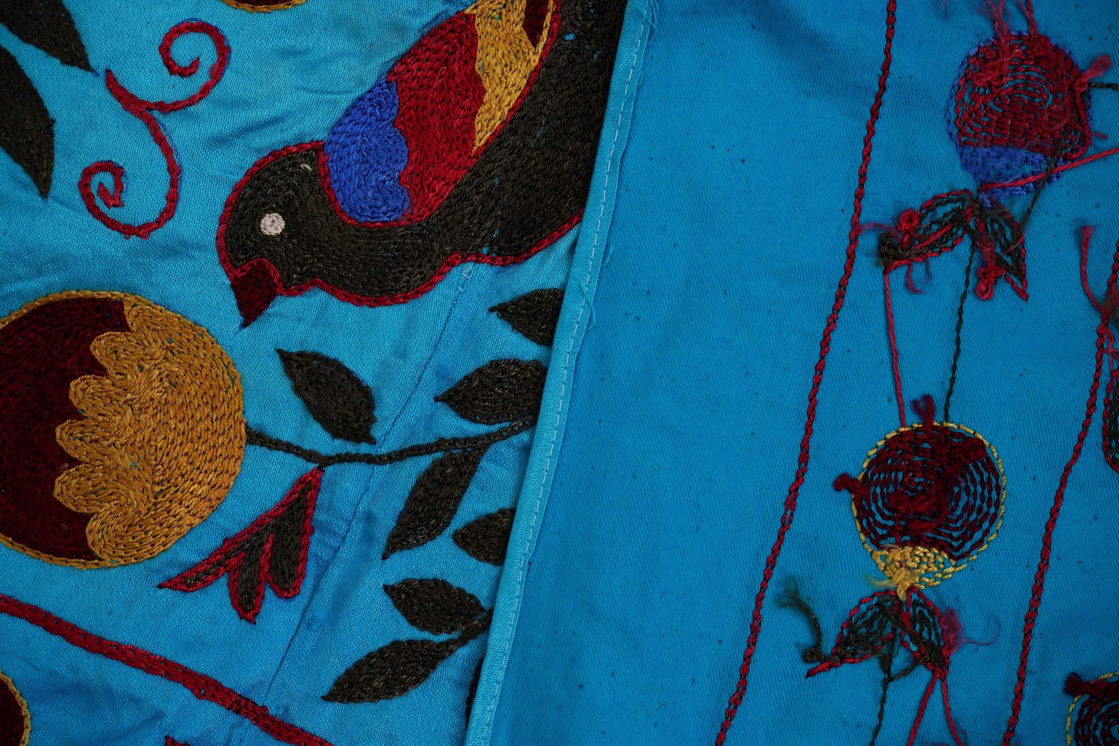 photo for sale Blue Uzbek Suzani Textile – Peacock, Bird & Floral Motif 3'4'' X 6
