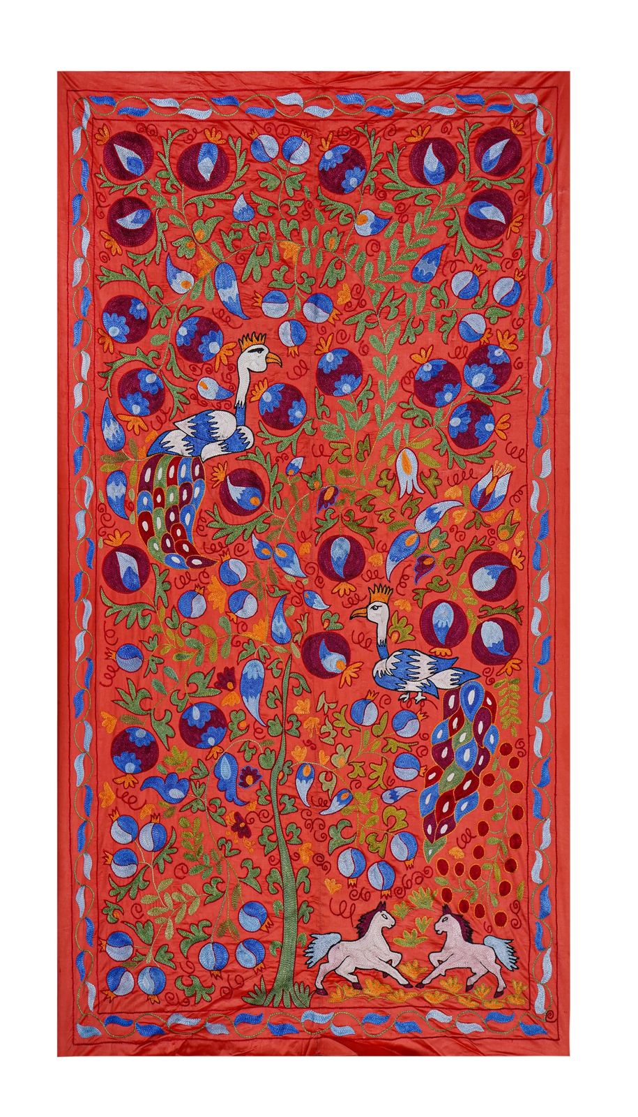 Red Suzani Embroidered Wall Hanging With Peacocks – Silk Cotton Boho Textile 3'4'' X 6'1''