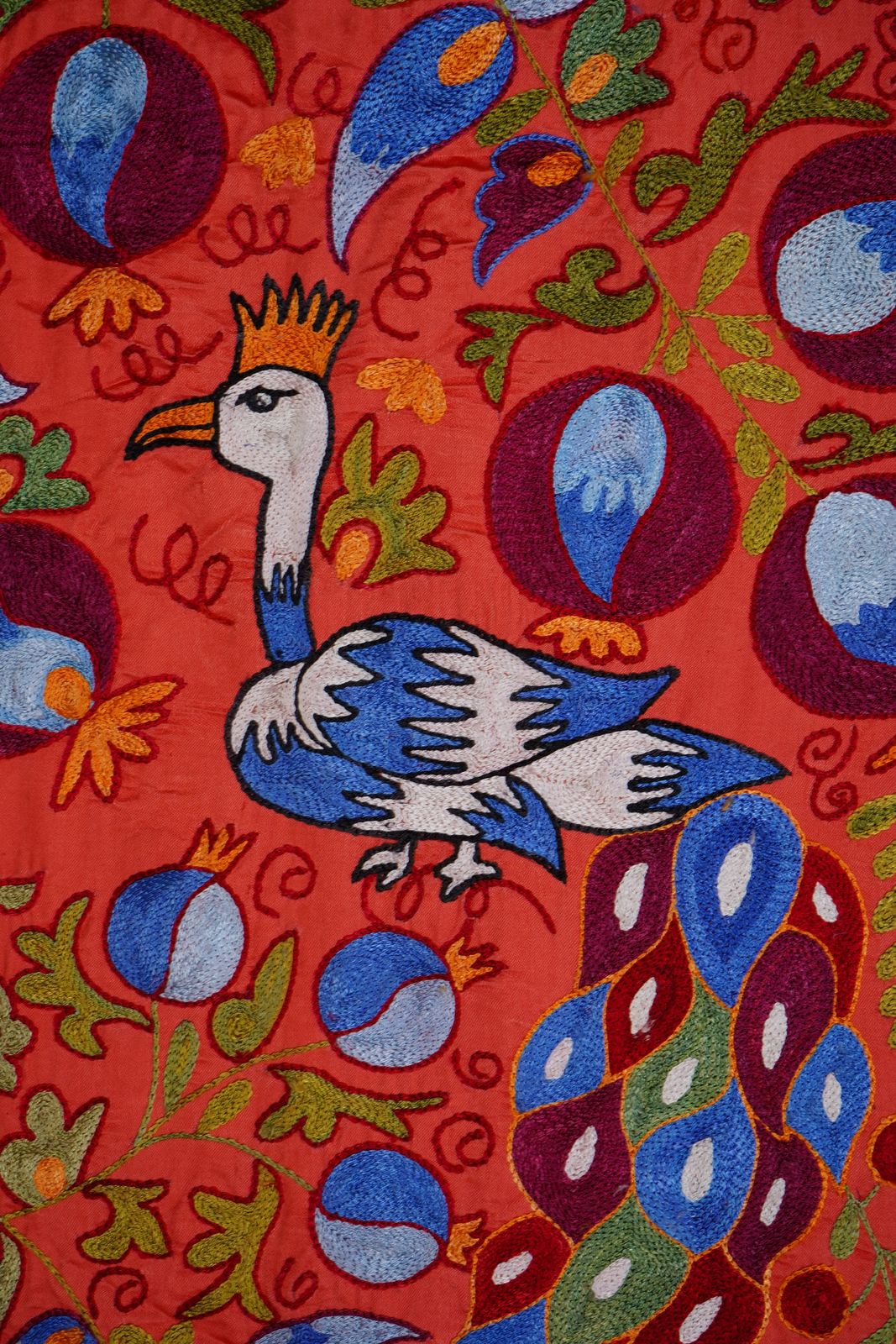 photo for sale Red Suzani Embroidered Wall Hanging With Peacocks – Silk Cotton Boho Textile 3'4'' X 6'1''