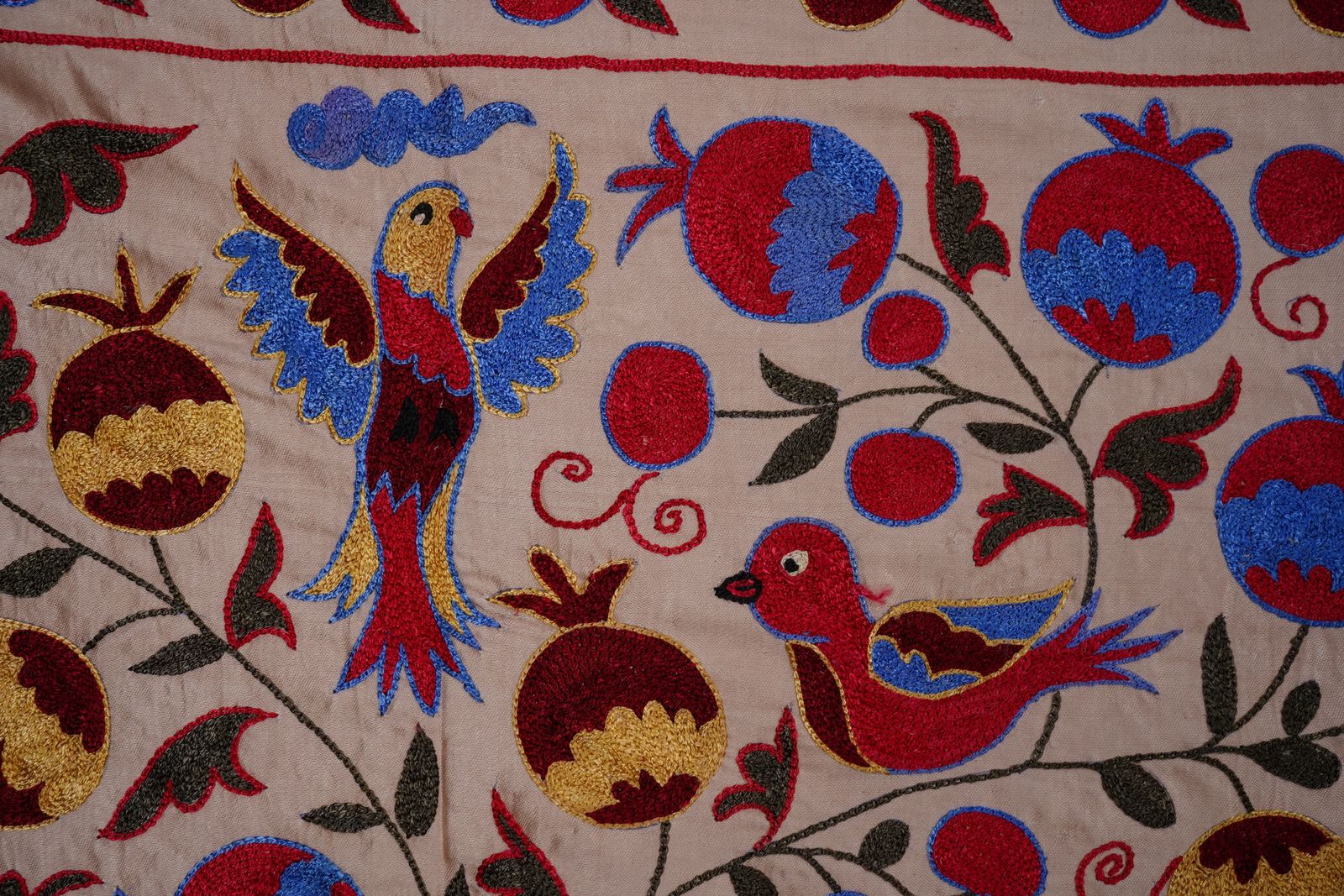 Handcrafted Uzbek Suzani Wall Tapestry – Folk Art Bird & Tree Design Decor 3'5'' X 6'1'' photo vintage