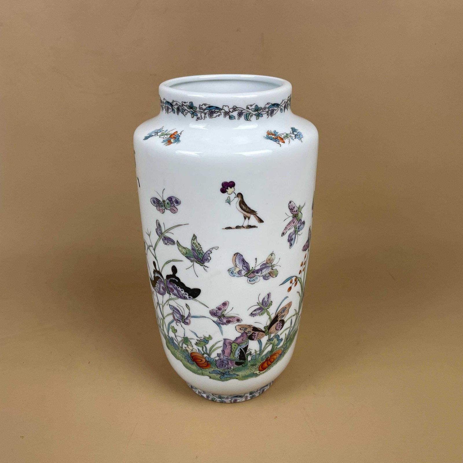 Japanese Aichi Seto Vase Butterfly Floral Hand Painted Planter Flower Display C.1940's Oriental Home Decor Table Flower Display Vintage photo Home Decor