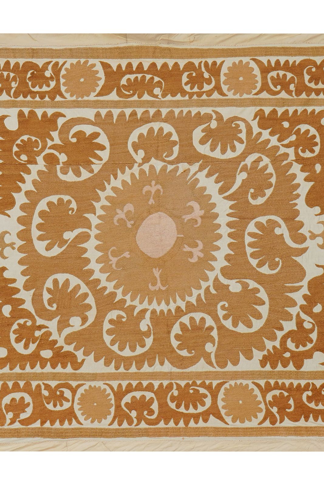 Handmade Suzani Pattern Beige & Terracotta Textile – Boho Embroidered Table Decor 3'6'' X 4'2'' photo for sale