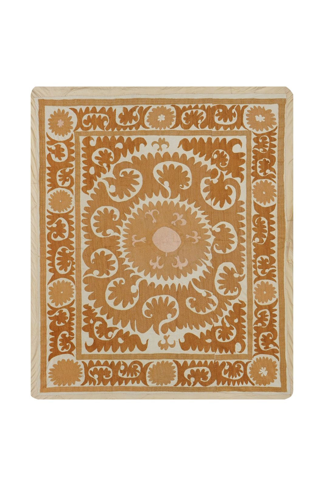 Handmade Suzani Pattern Beige & Terracotta Textile – Boho Embroidered Table Decor 3'6'' X 4'2'' photo vinterior
