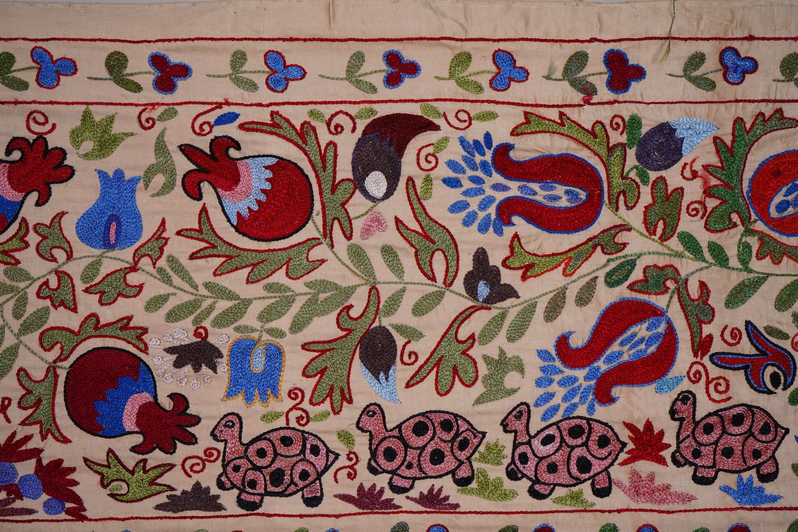 Textiles Cream Uzbek Suzani Embroidered Table Runner – Red Pomegranate & Blue Floral Boho Textile 1'8'' X 6'1'' photo
