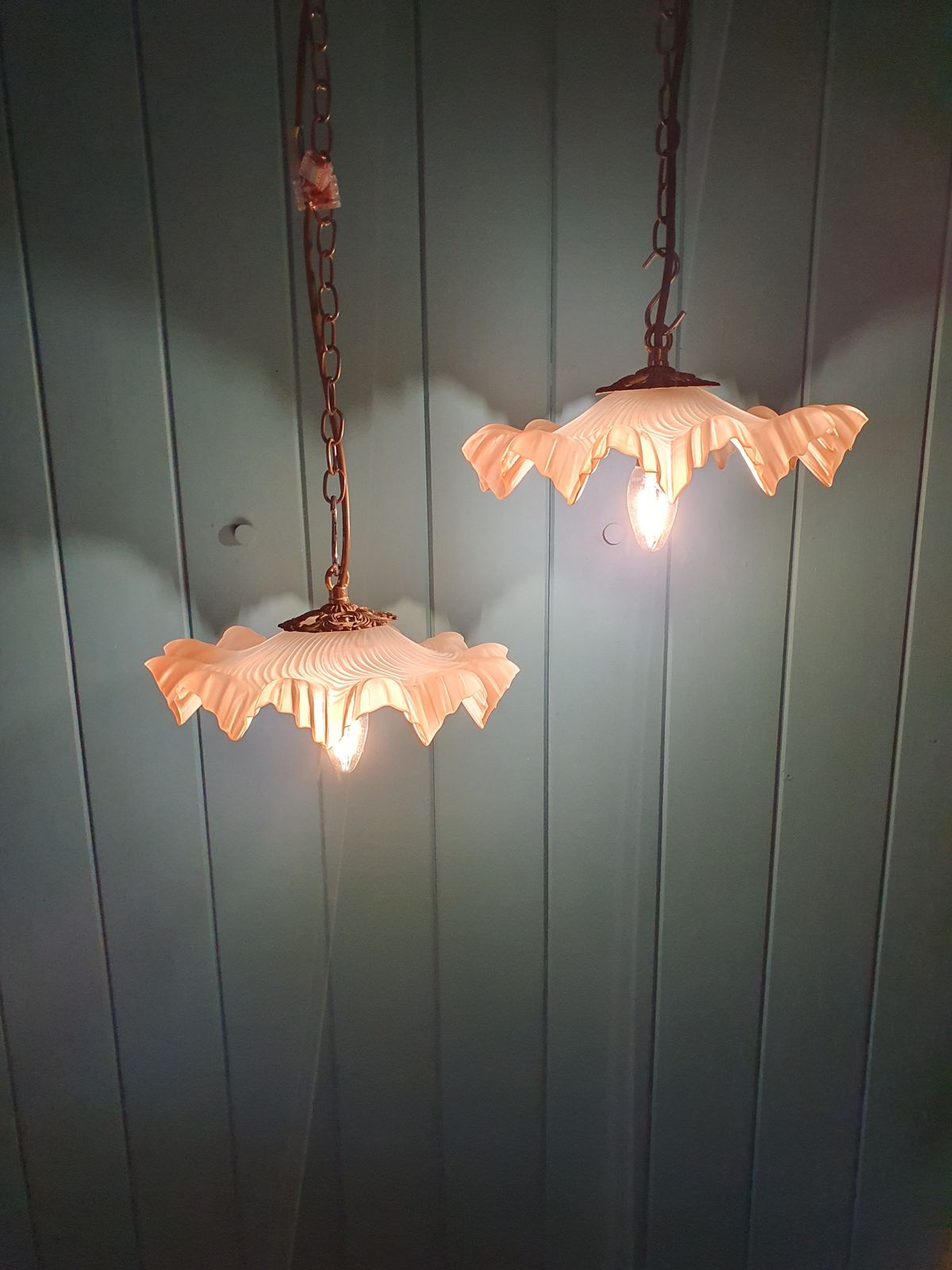 Pair Of Antique French Frilly Glass Pendant 11" photo furniture
