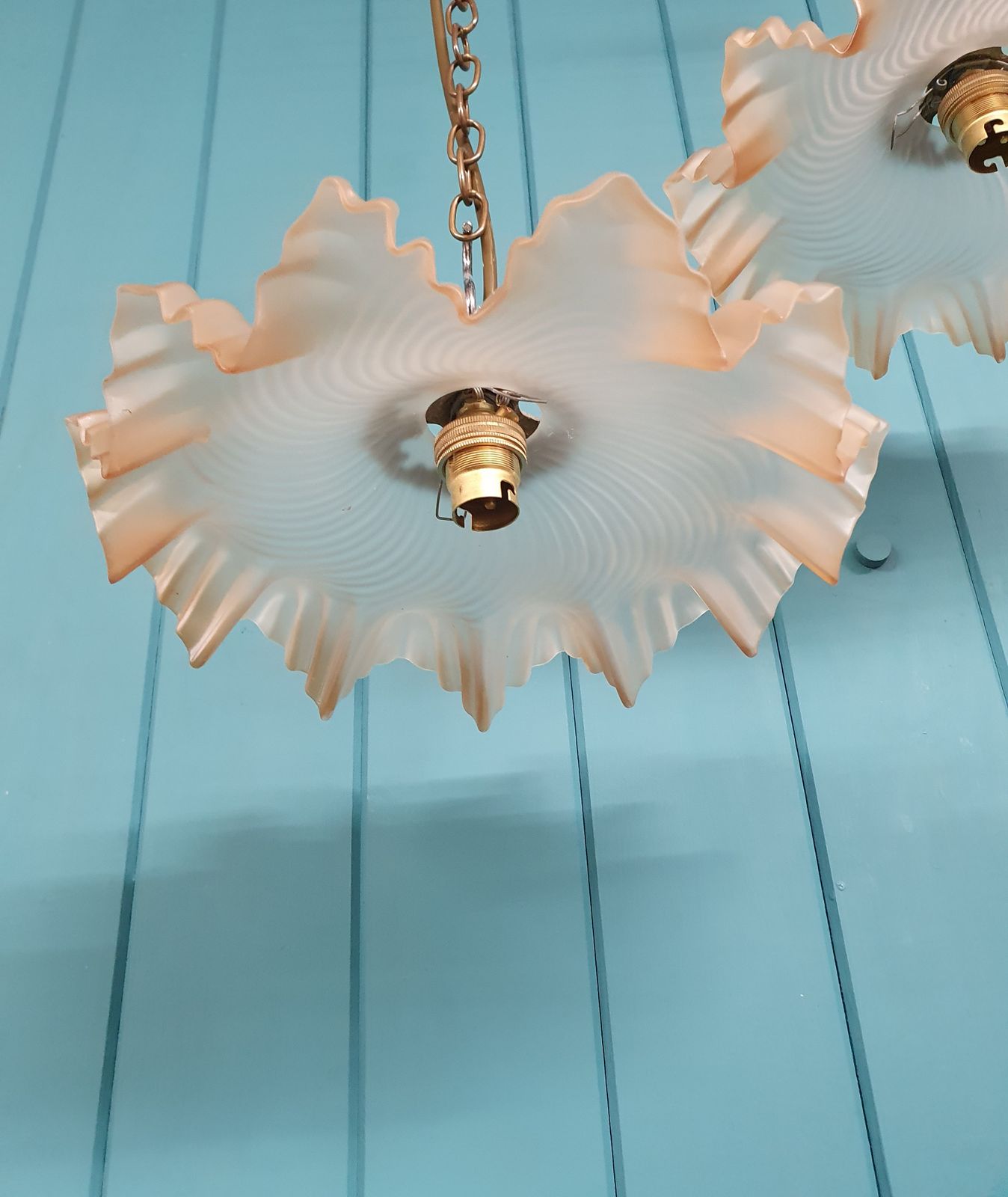 Pair Of Antique French Frilly Glass Pendant 11" photo for sale