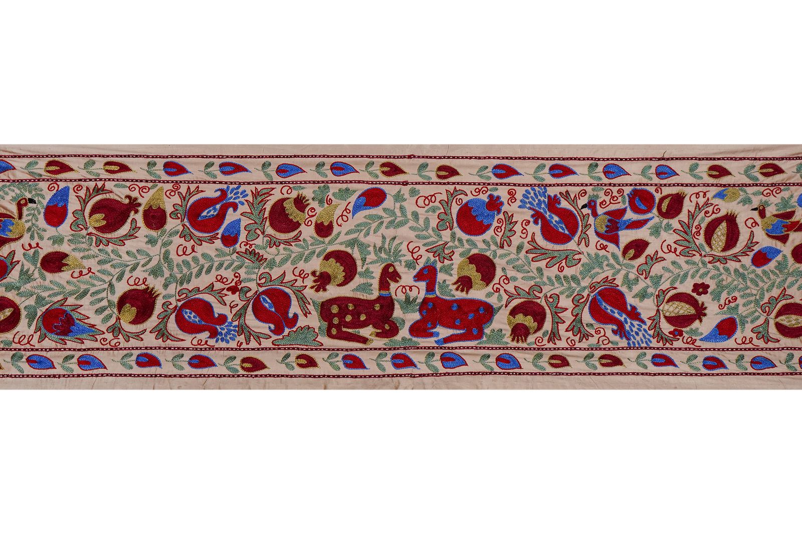 Cream Uzbek Suzani Embroidered Table Runner – Red Pomegranate & Blue Floral Boho Textile 1'8'' X 6'1'' photo vintage