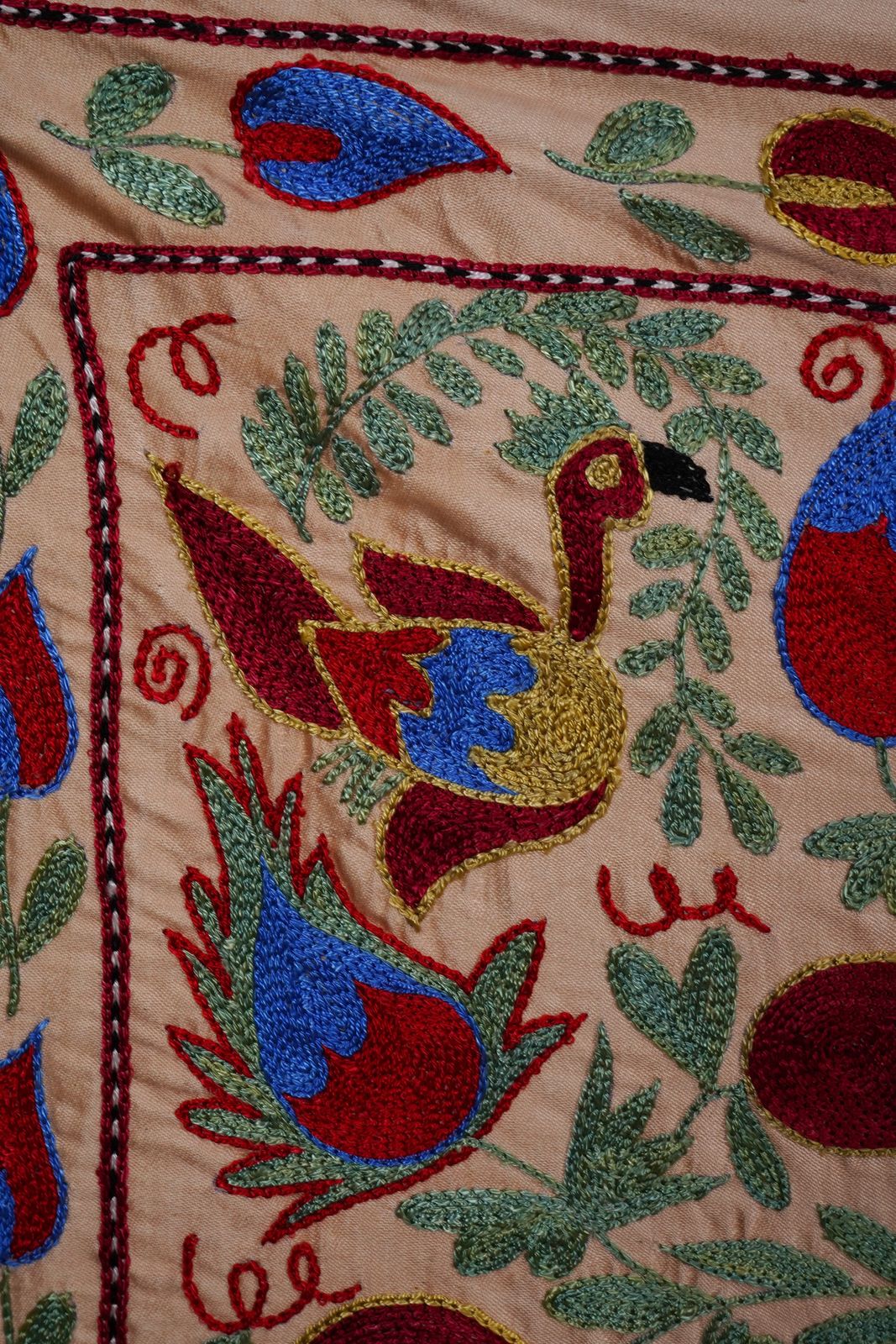 photo for sale Cream Uzbek Suzani Embroidered Table Runner – Red Pomegranate & Blue Floral Boho Textile 1'8'' X 6'1''