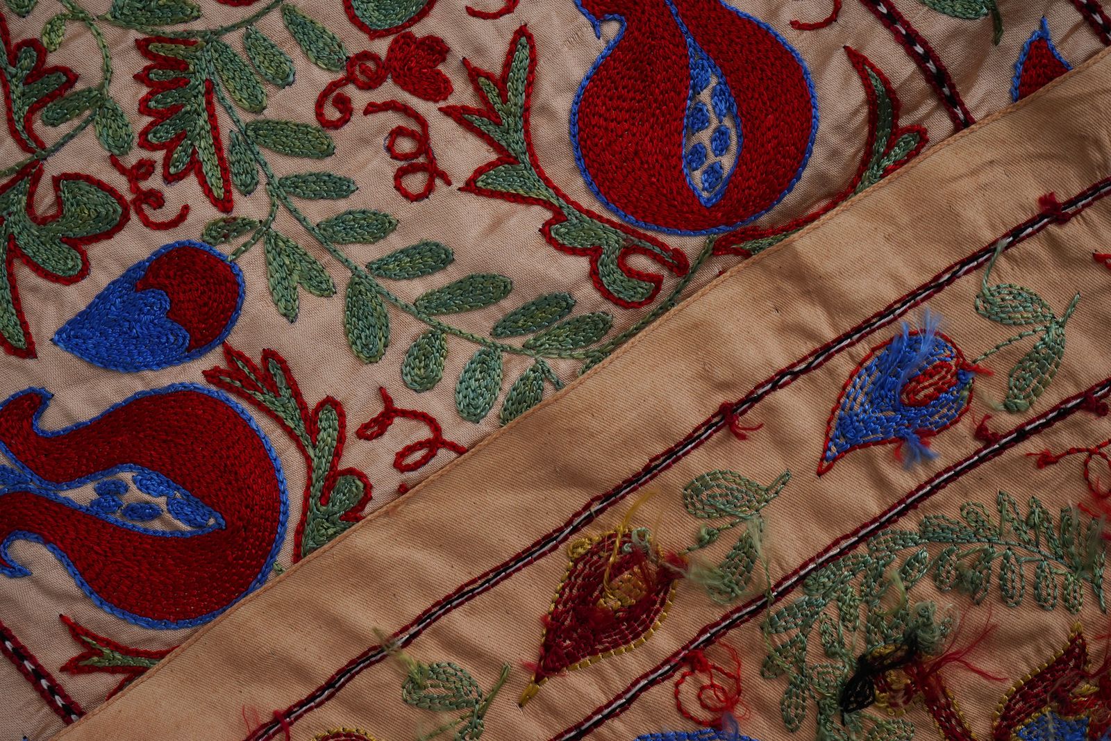 200.0 Cream Uzbek Suzani Embroidered Table Runner – Red Pomegranate & Blue Floral Boho Textile 1'8'' X 6'1'' photo