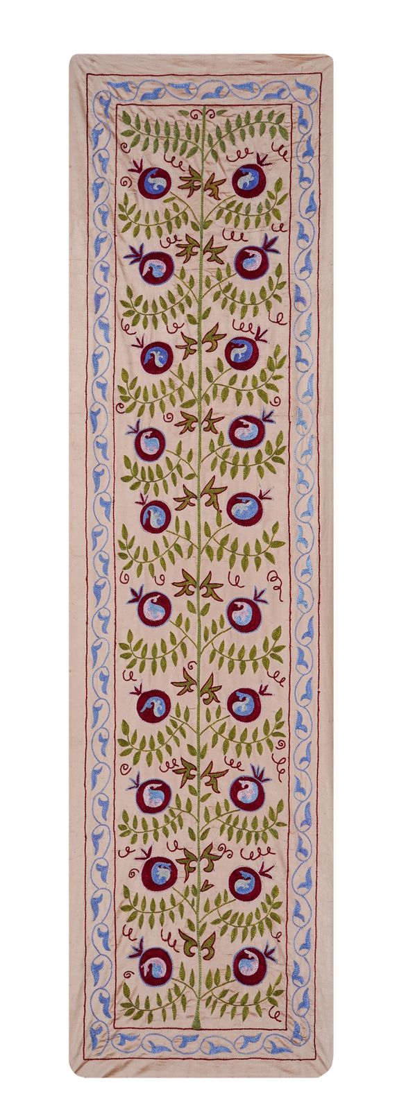 Long Suzani Embroidery Runner – Beige And Green Pomegranate Motif Bohemian Decor 1'7'' X 6'2''
