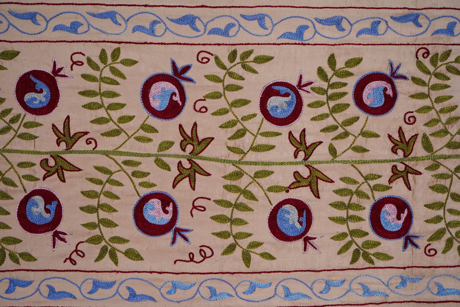Long Suzani Embroidery Runner – Beige And Green Pomegranate Motif Bohemian Decor 1'7'' X 6'2'' photo for sale