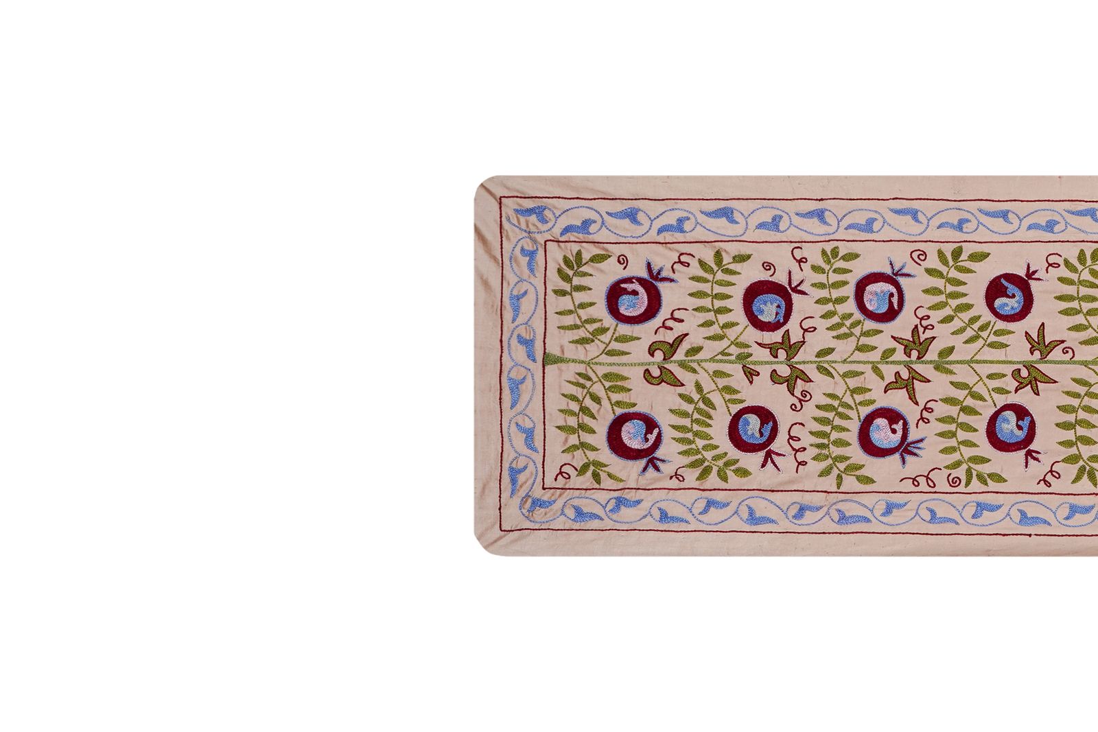 Long Suzani Embroidery Runner – Beige And Green Pomegranate Motif Bohemian Decor 1'7'' X 6'2'' photo Textiles