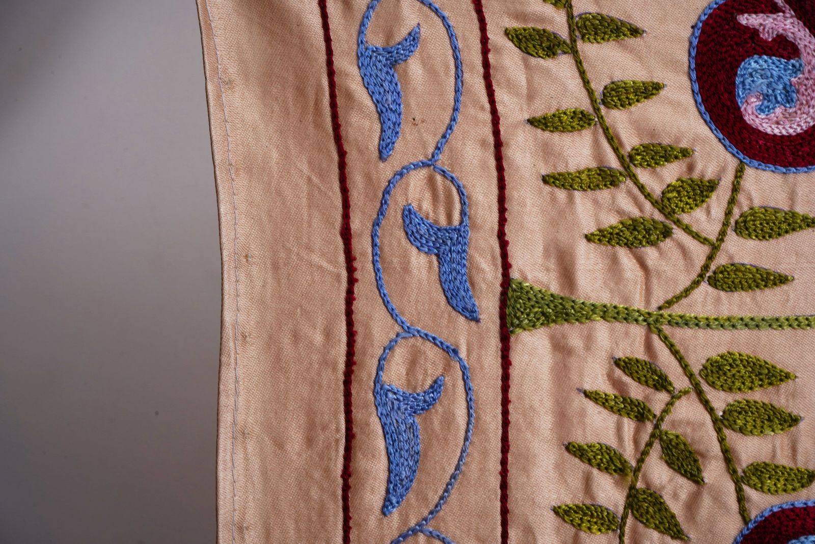 photo for sale Long Suzani Embroidery Runner – Beige And Green Pomegranate Motif Bohemian Decor 1'7'' X 6'2''