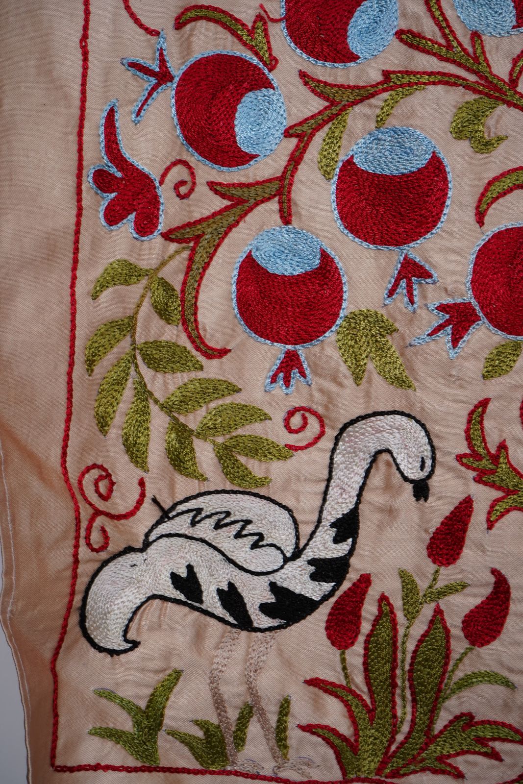 Beige Uzbek Suzani Textile – Silk Blend Red Pomegranate & Bird Motif Wall Art 3'4'' X 6'1'' photo furniture