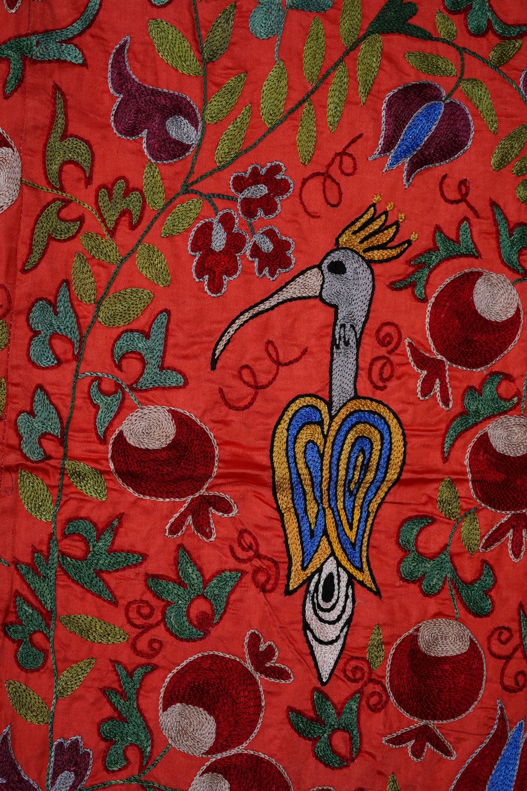 Red & Blue Uzbek Suzani Wall Hanging – Pomegranate Tree And Bird Embroidered Textile 3'4'' X 6'1'' photo for sale