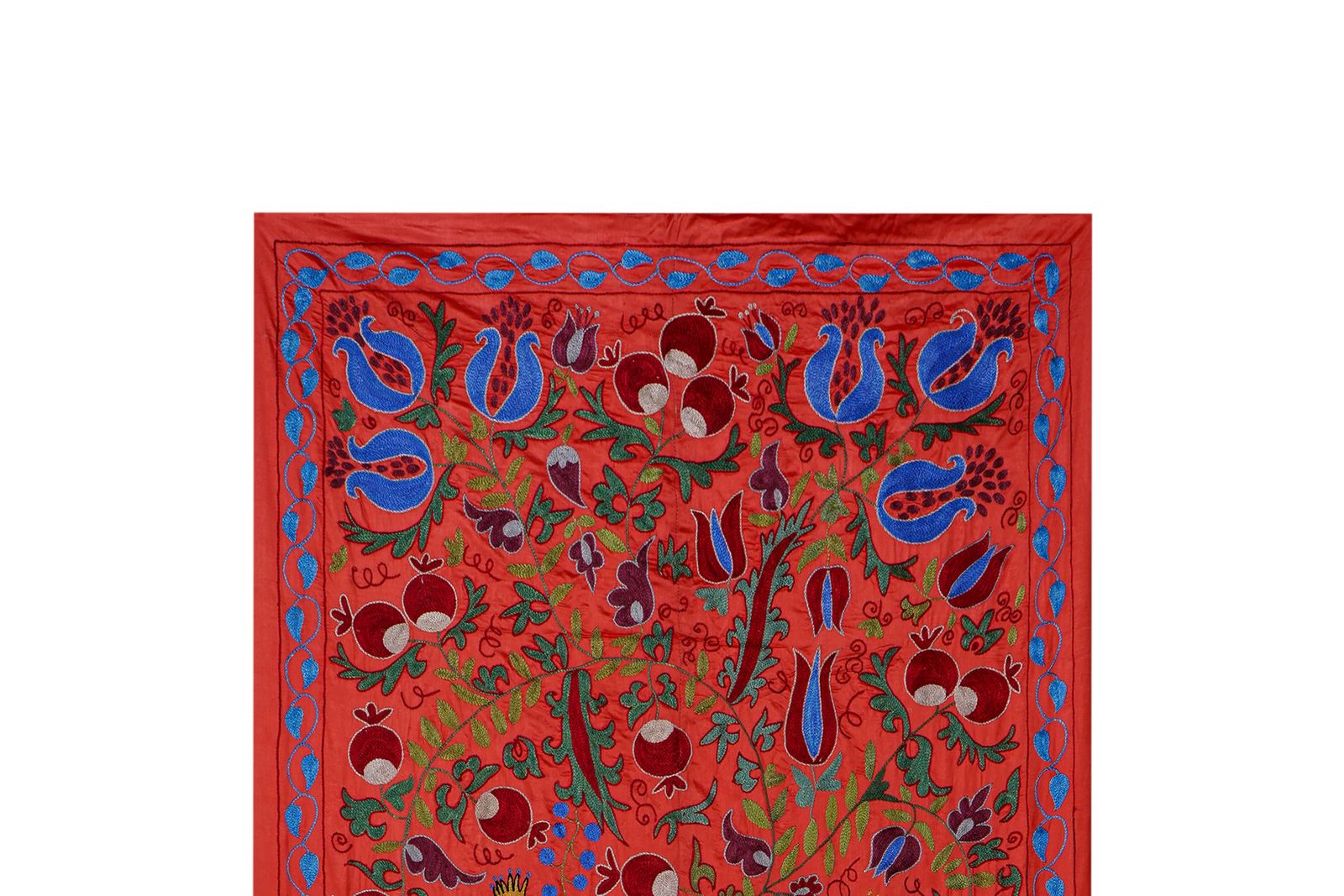 Red & Blue Uzbek Suzani Wall Hanging – Pomegranate Tree And Bird Embroidered Textile 3'4'' X 6'1'' photo Textiles