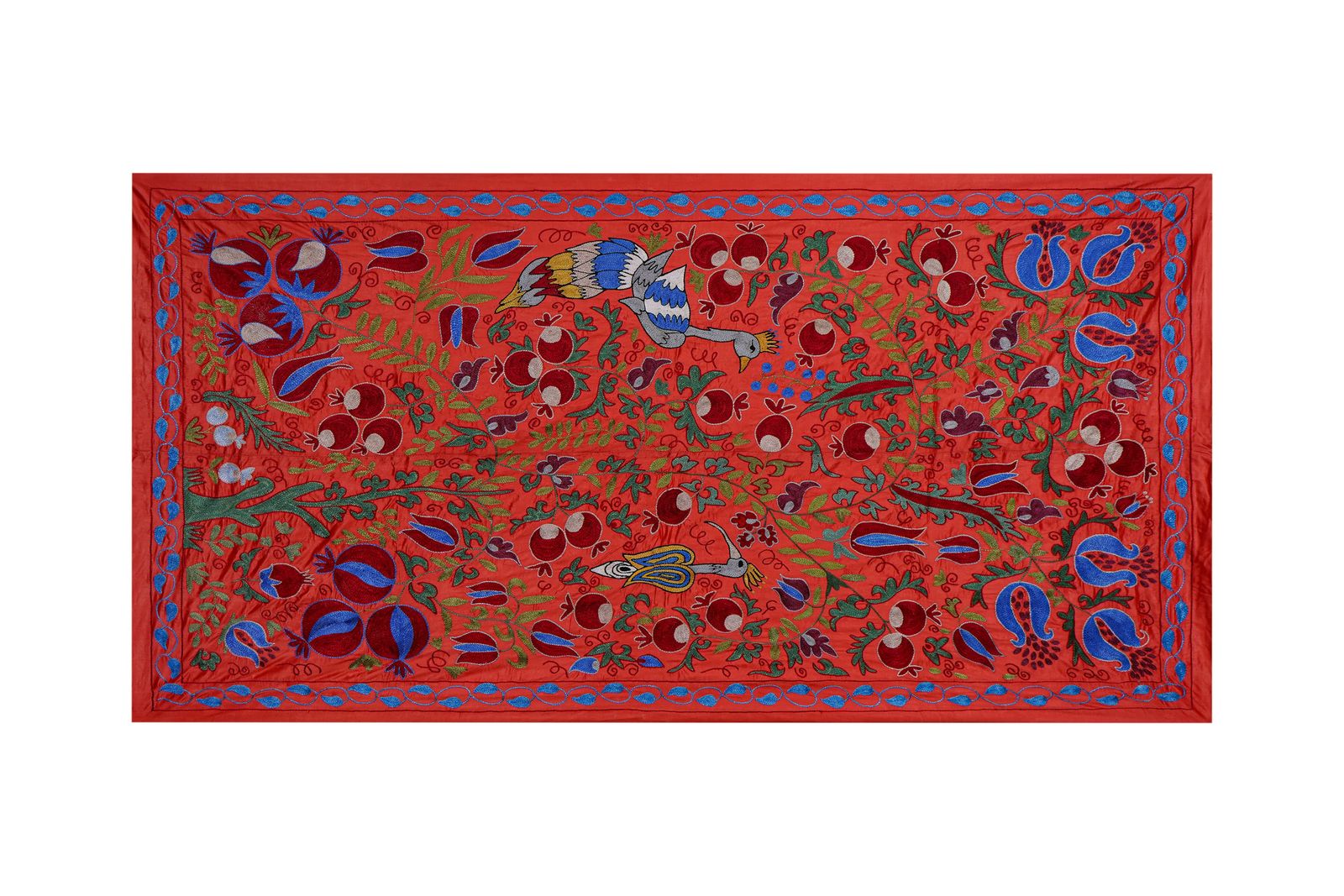 Red & Blue Uzbek Suzani Wall Hanging – Pomegranate Tree And Bird Embroidered Textile 3'4'' X 6'1'' photo 400.0