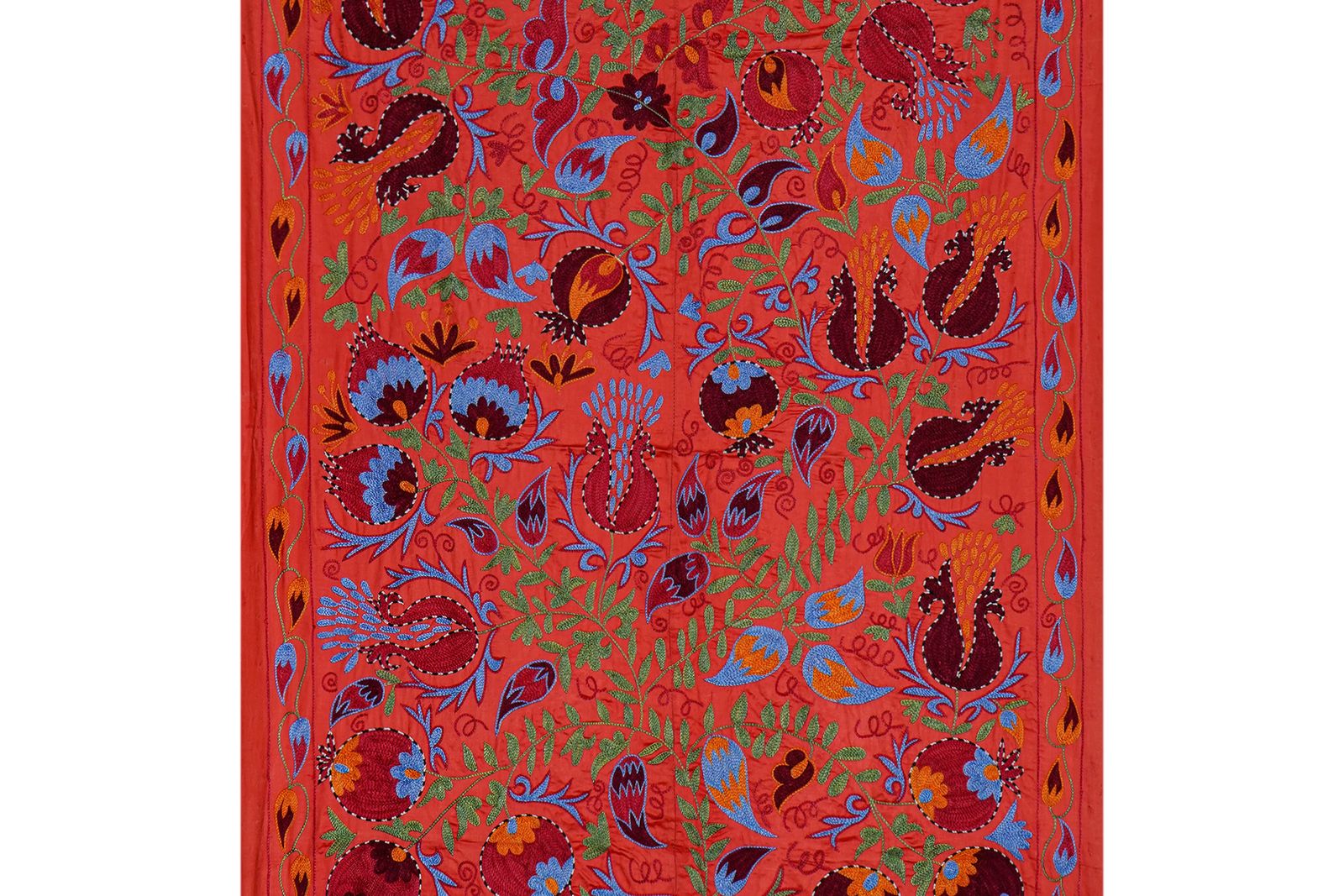 Red Uzbek Suzani Embroidered Wall Hanging – Floral Tree Of Life Horse And Deer Boho Textile Art 3'4'' X 6'1'' photo vintage