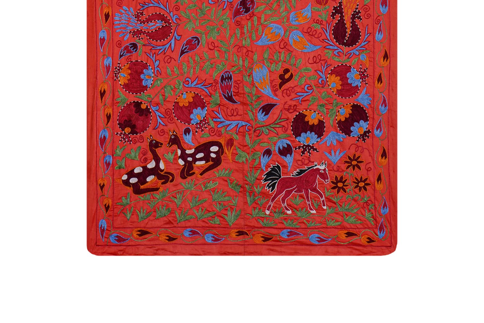 photo furniture Red Uzbek Suzani Embroidered Wall Hanging – Floral Tree Of Life Horse And Deer Boho Textile Art 3'4'' X 6'1''