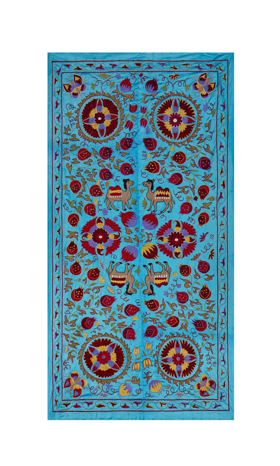 Blue Uzbek Suzani Wall Art – Camel & Floral Motif Embroidery 3'4'' X 6'2''