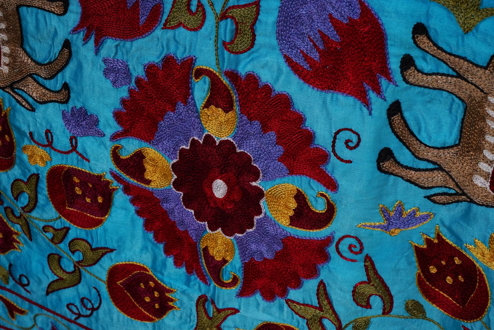 photo for sale Blue Uzbek Suzani Wall Art – Camel & Floral Motif Embroidery 3'4'' X 6'2''