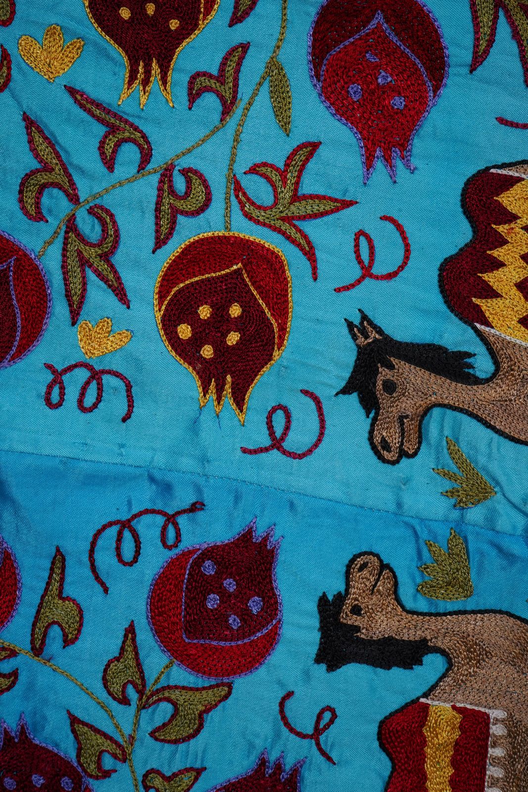 400.0 Blue Uzbek Suzani Wall Art – Camel & Floral Motif Embroidery 3'4'' X 6'2'' photo