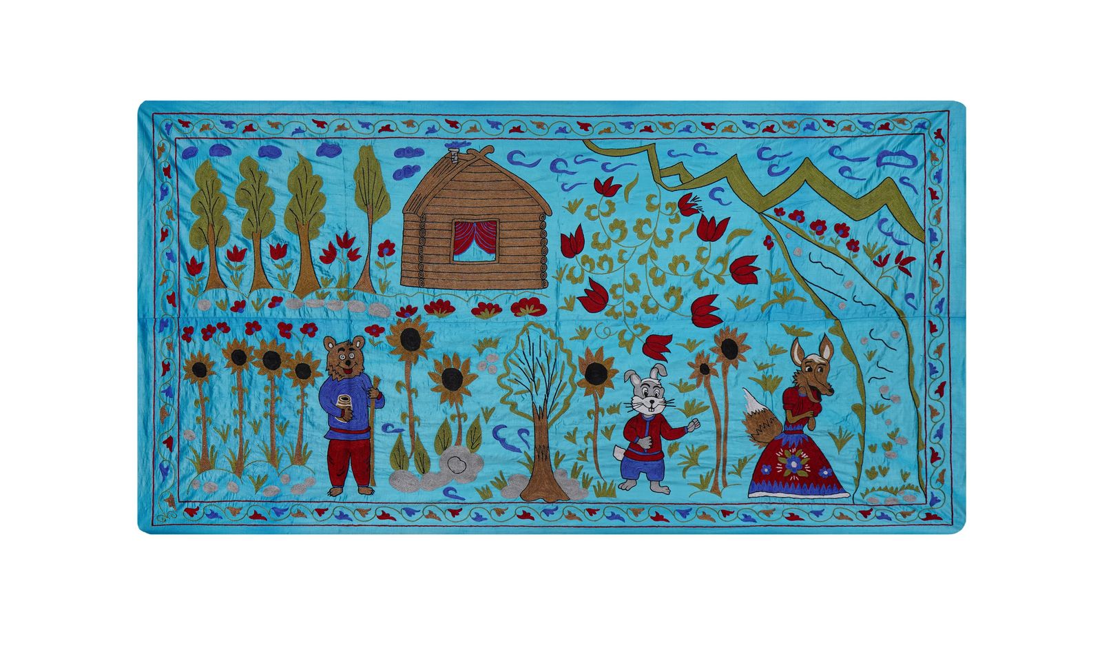 Blue Uzbek Suzani Wall Hanging – Folk Animal Scene Embroidered Textile Art 3'4'' X 6'2''