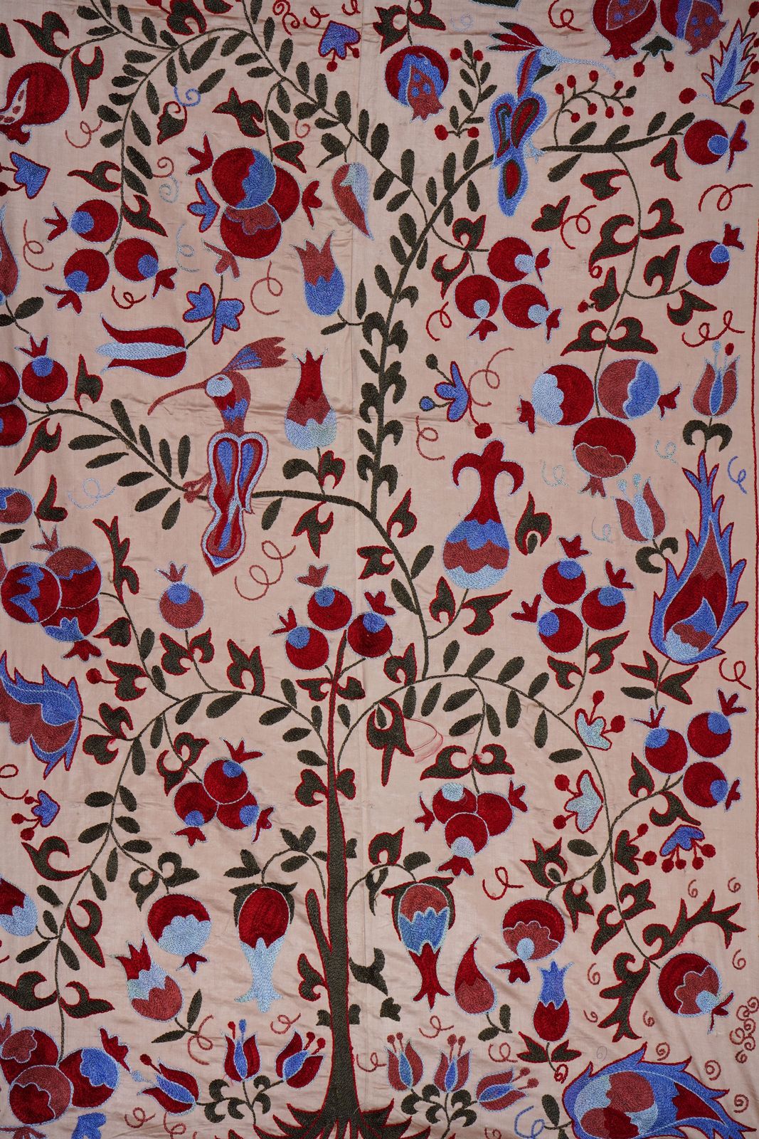 Beige Uzbek Suzani Wall Hanging – Tree Of Life Pomegranate Embroidery Textile Art 3'5'' X 6'2'' photo vinterior