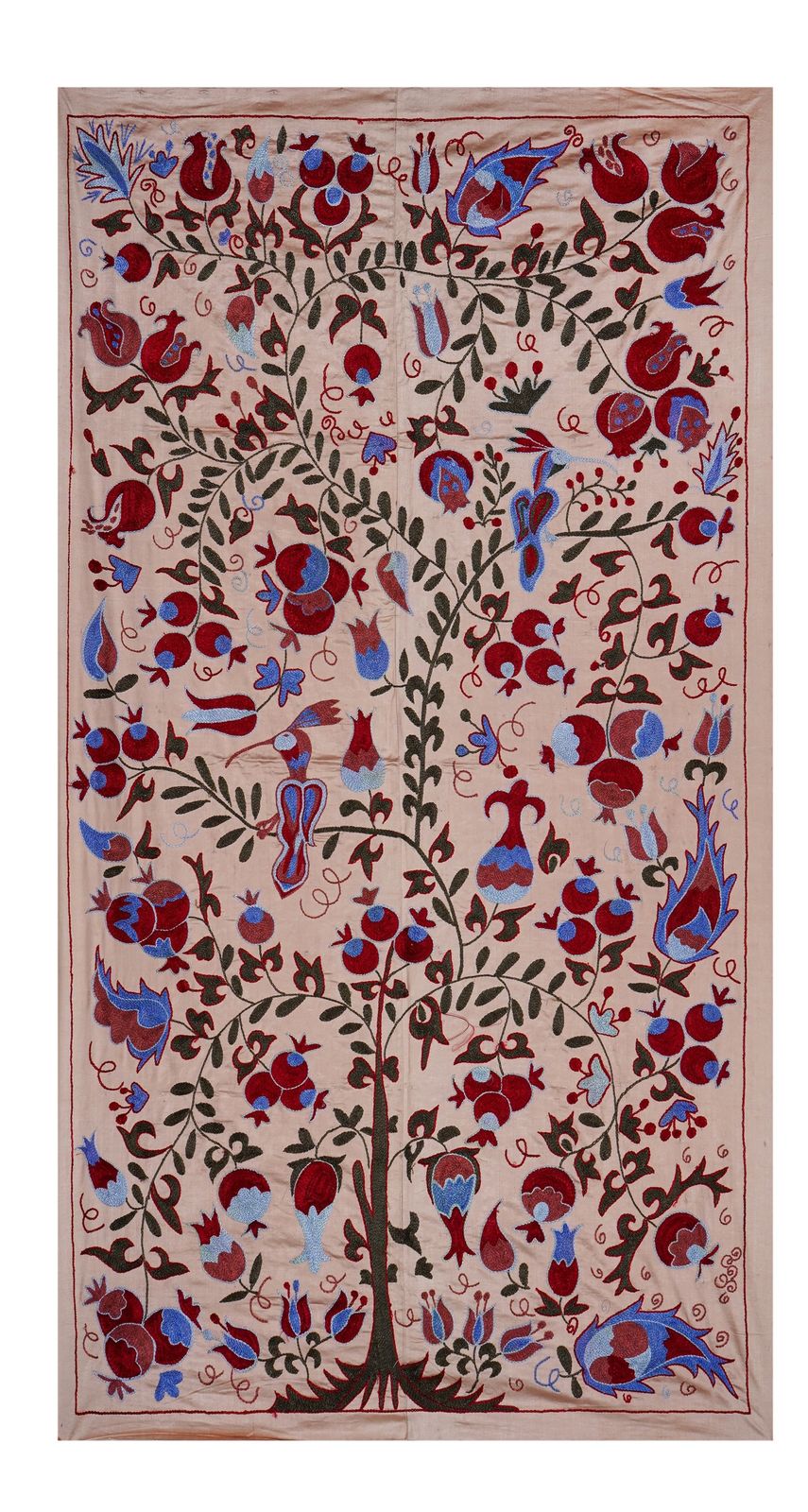 Beige Uzbek Suzani Wall Hanging – Tree Of Life Pomegranate Embroidery Textile Art 3'5'' X 6'2''