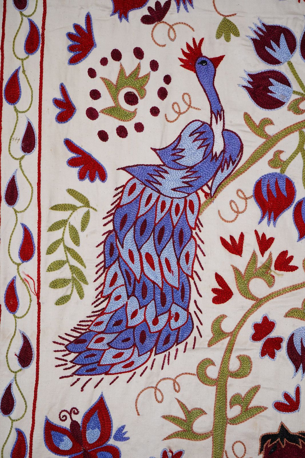 Uzbek Suzani Embroidered Wall Hanging – Peacock, Horse & Tree Of Life Design 3'6'' X 6' photo Textiles