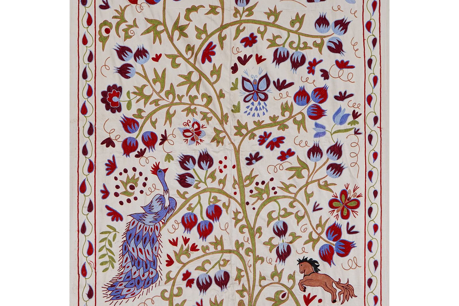 Uzbek Suzani Embroidered Wall Hanging – Peacock, Horse & Tree Of Life Design 3'6'' X 6' photo 400.0